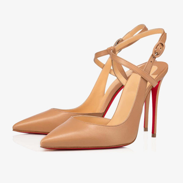 Nude Leather Cross-Strap Pumps