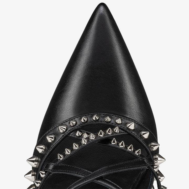 Black Calf Leather Spiked Strap Pumps - ARNO CONTI