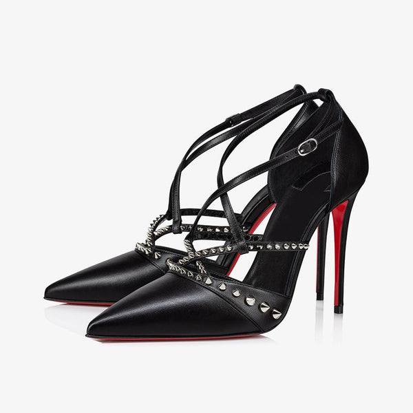 Black Calf Leather Spiked Strap Pumps - ARNO CONTI
